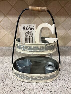 Rustic Two-Tier Farmhouse Tray - Cream and Gray. Everything in pictures included